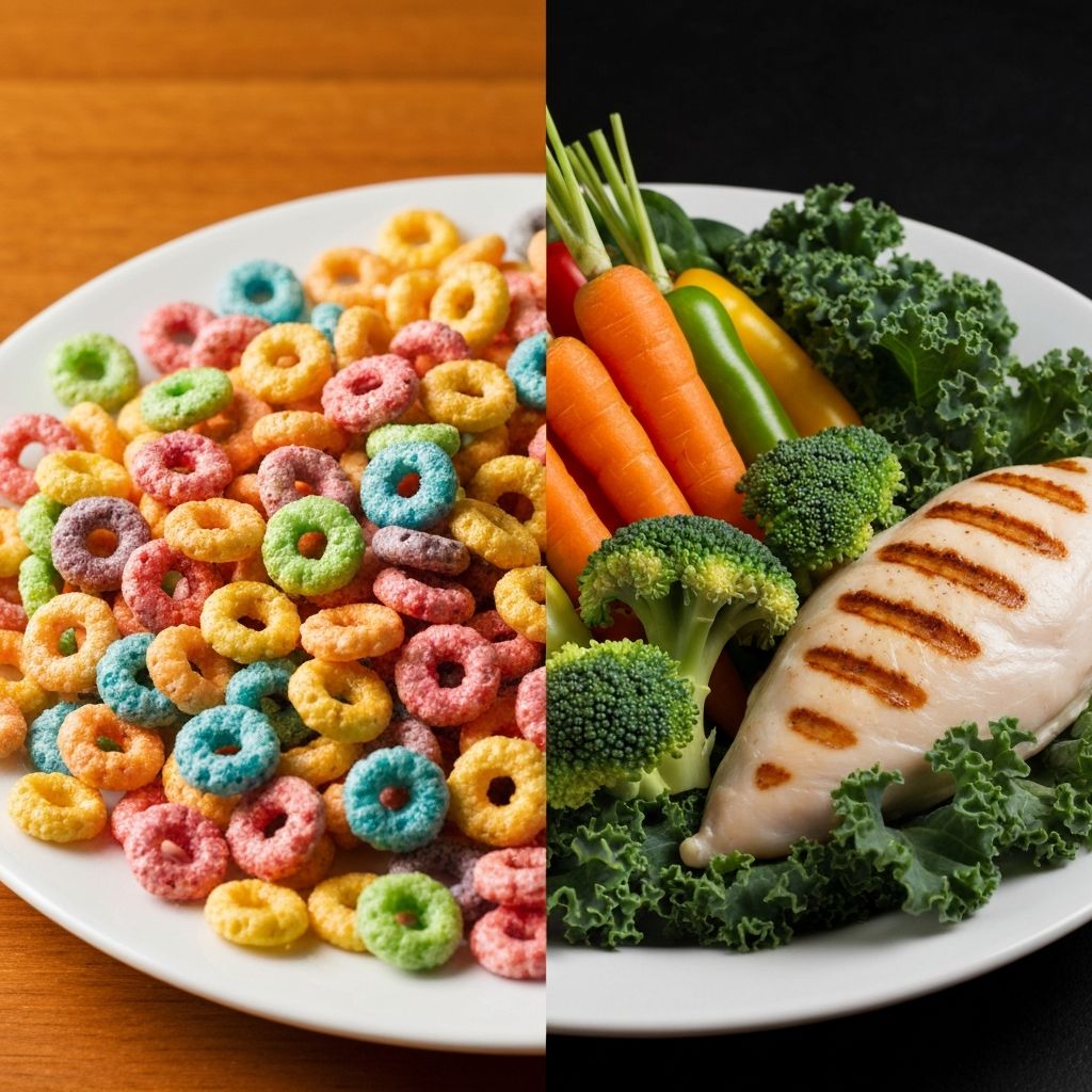 Contrast tussen verwerkte, kunstmatig gekleurde brokjes en verse, natuurlijke ingredienten zoals kip, wortelen en bosbessen